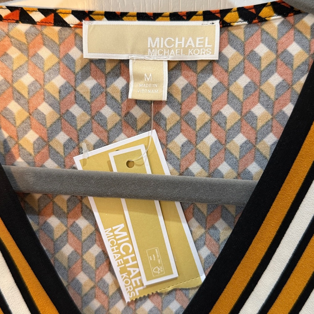 Michael Kors Geometric Top in Gold & Black Cross Neckline Tie Waist Size M NWT - Picture 2 of 5